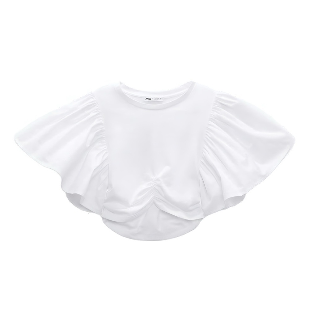 (NWOT) ZARA White Ruffled Crop Top | Puff Bell Sleeves Ruched Hem | Size Small - Picture 3 of 10
